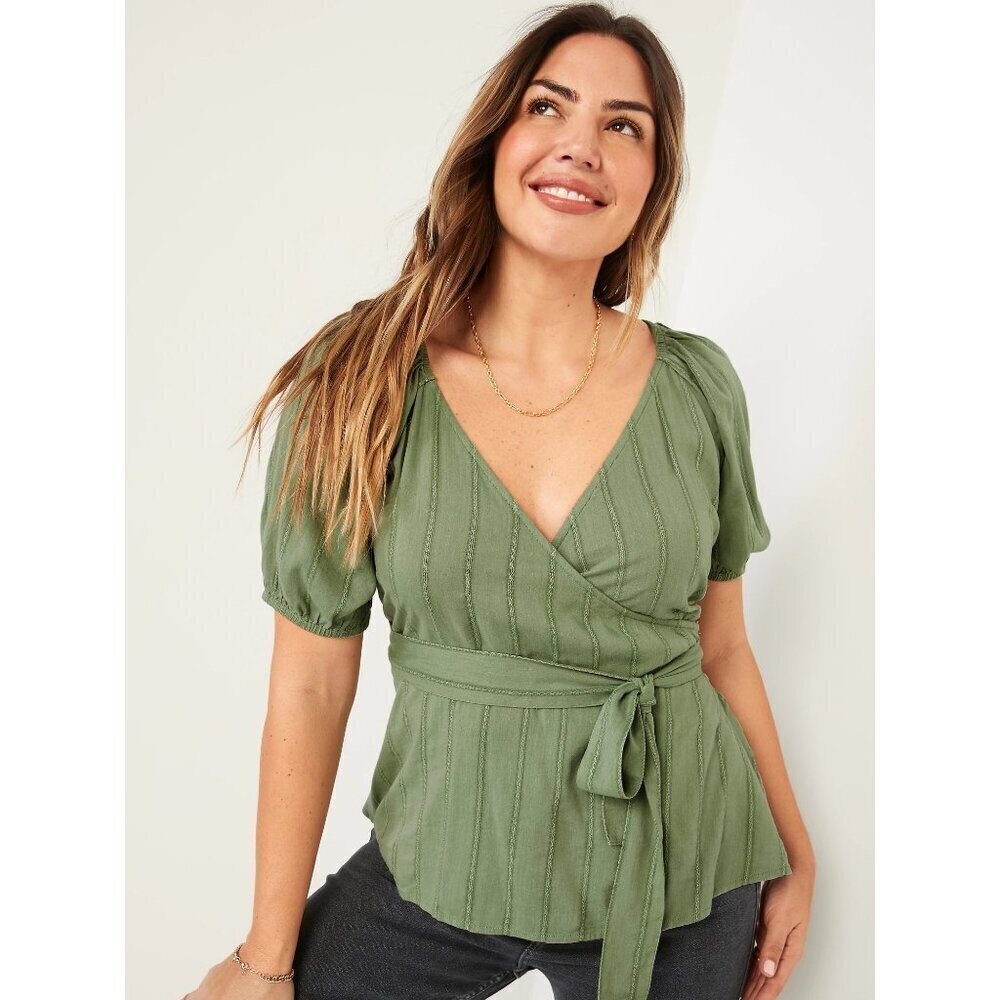 Old Navy Green Wrap Smocked Stretch Blouse S